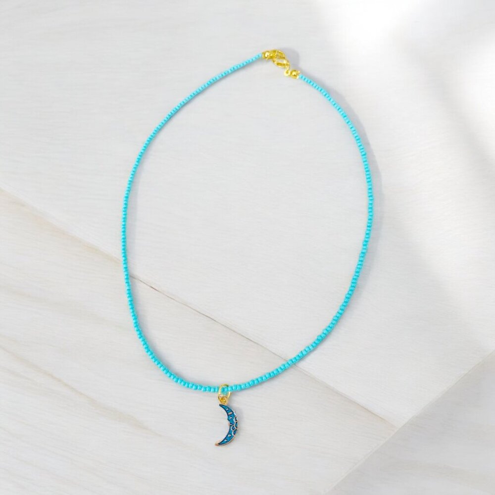 HANDMADE Turquoise Blue Moon Enamel Pendant Charm Seed Bead Chocker Necklace